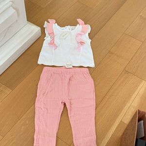 Charming White Top with Pink Ruffles and Pants